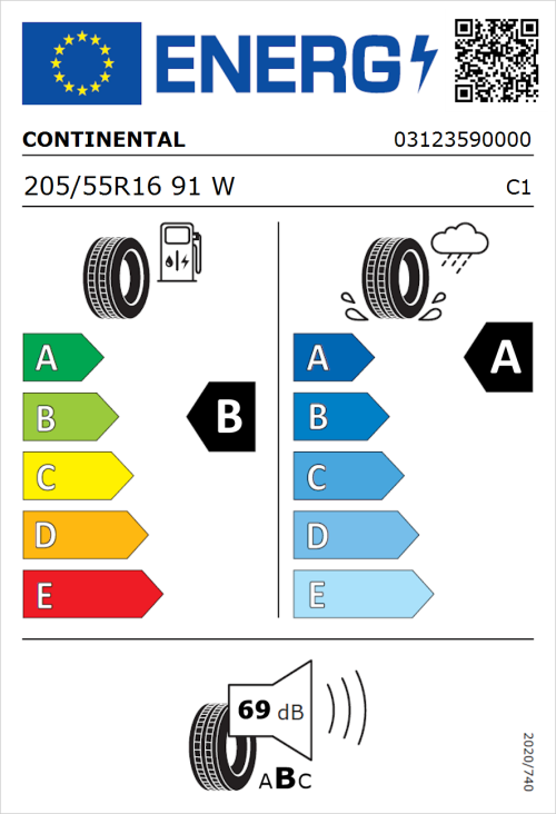 Tyre Label for Continental UltraContact 205/55R16 91W