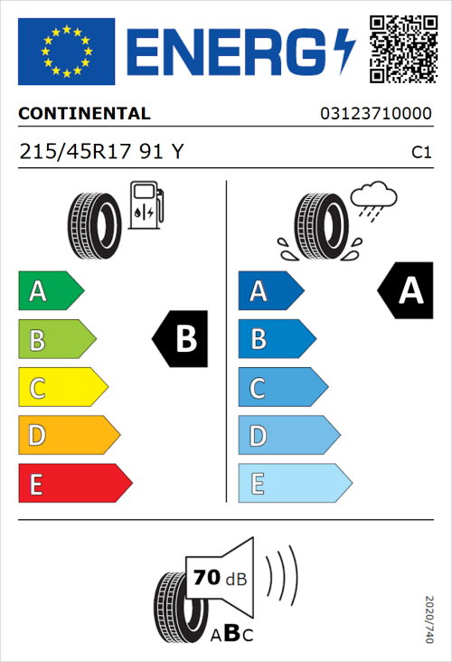 Tyre Label for Continental UltraContact 215/45R17 91Y