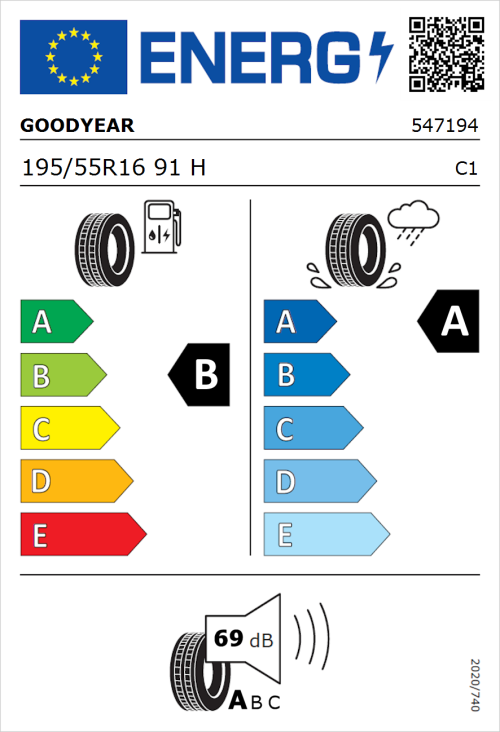 Tyre Label for Goodyear EfficientGrip Performance 2 195/55R16 91H